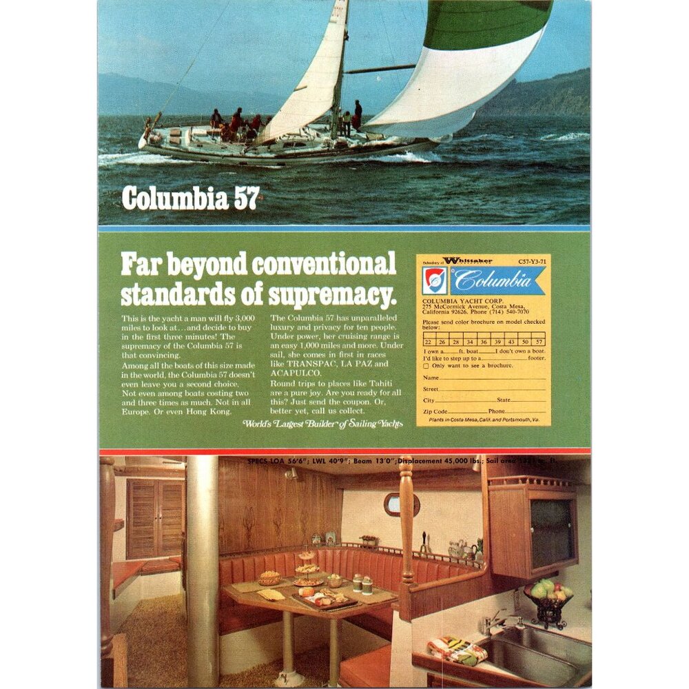 1971 Columbia 57 Sailing Yacht Interior Dinette Kitchen Vintage Print Ad 70s Art